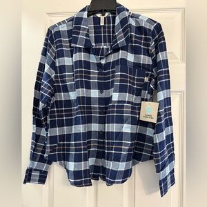 Martha Stewart Navy Tan Plaid Cotton Blend Top